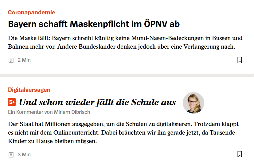 Screenshot Spiegel Online Coronapandemie: Bayern schafft Maskenpflicht im ÖPNV ab Digitalversagen: Und schon wieder fällt die Schule aus